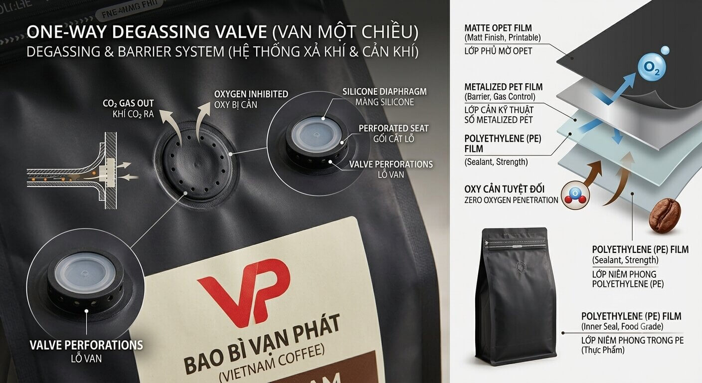 Cấu tạo và nguyên lý hoạt động của van một chiều (degassing valve) trên túi cà phê