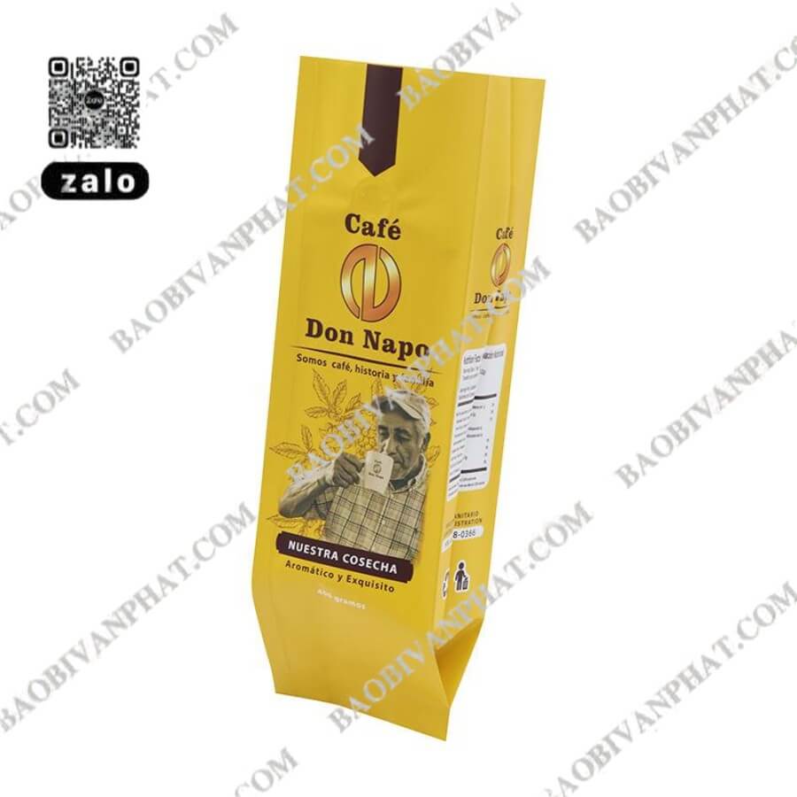 Bao bì túi xếp hông 4 cạnh in thương hiệu cà phê
