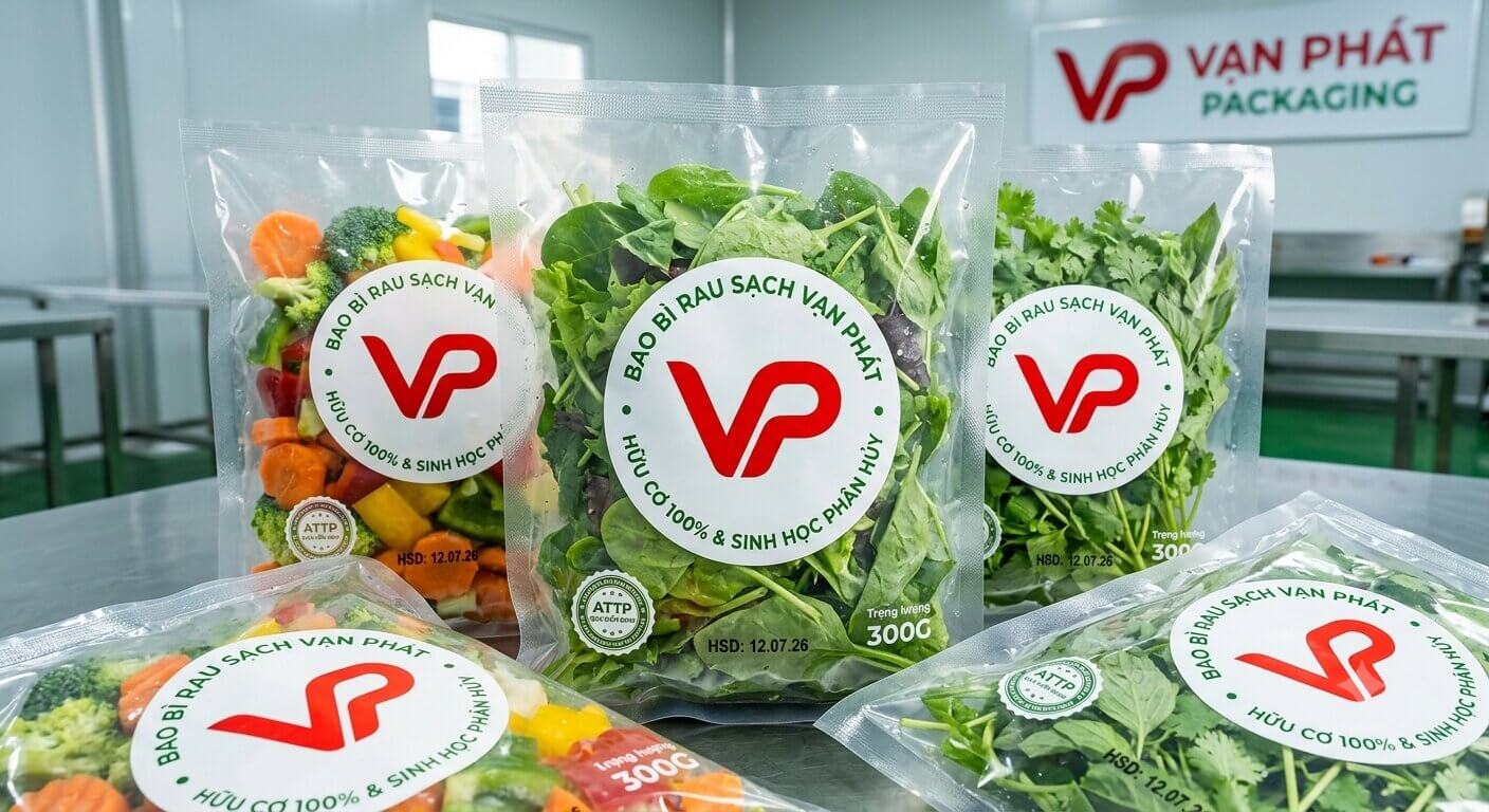 Bao bì túi zip đựng rau sạch hữu cơ mang thương hiệu Vạn Phát.
