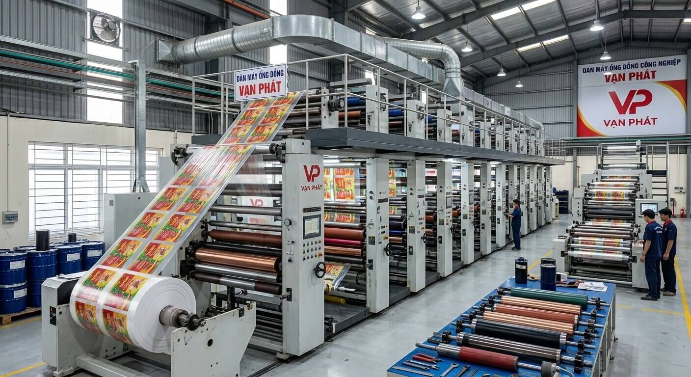 Dàn máy in ống đồng công nghiệp hiện đại tại nhà máy bao bì Vạn Phát.