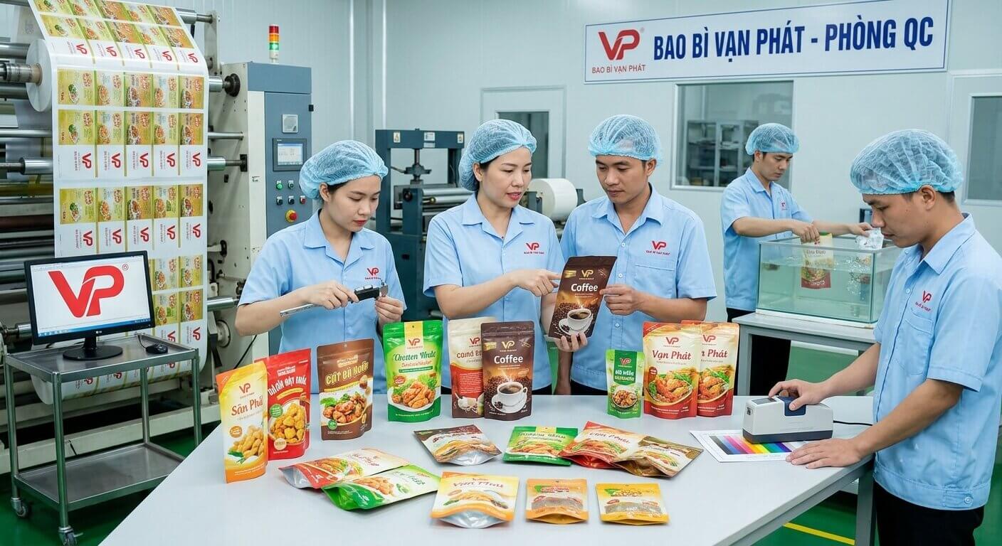 Đội ngũ nhân viên phòng QC đang kiểm tra chất lượng bao bì thực phẩm Vạn Phát.