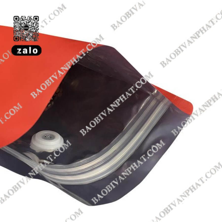 Túi zipper đáy đứng màu đỏ có van một chiều dùng đựng hạt cà phê