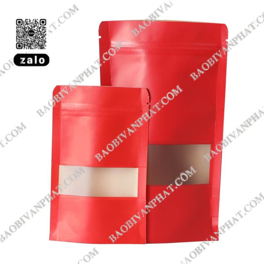 Túi zipper màu đỏ có ô cửa sổ trong suốt thấy sản phẩm bên trong