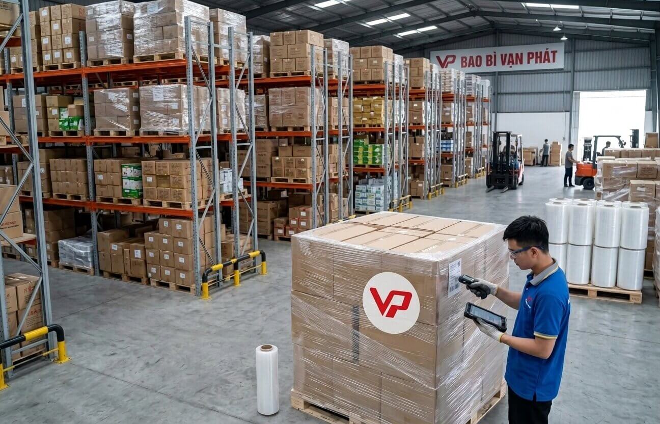 Nhân viên kho thực hiện quy trình kiểm tra và đóng gói pallet hàng hóa bằng màng PE tại Bao bì Vạn Phát