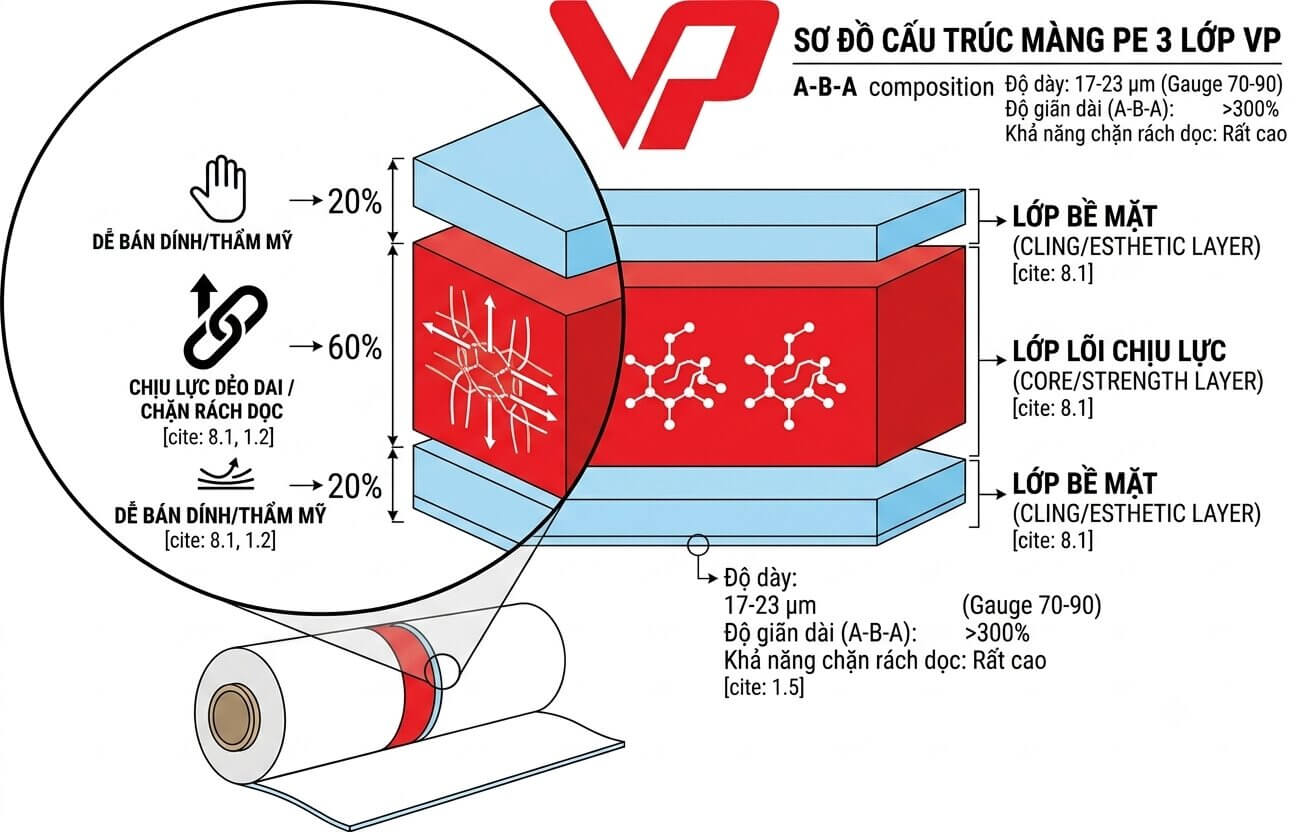 Sơ đồ cấu trúc kỹ thuật màng PE 3 lớp A-B-A của Bao bì Vạn Phát