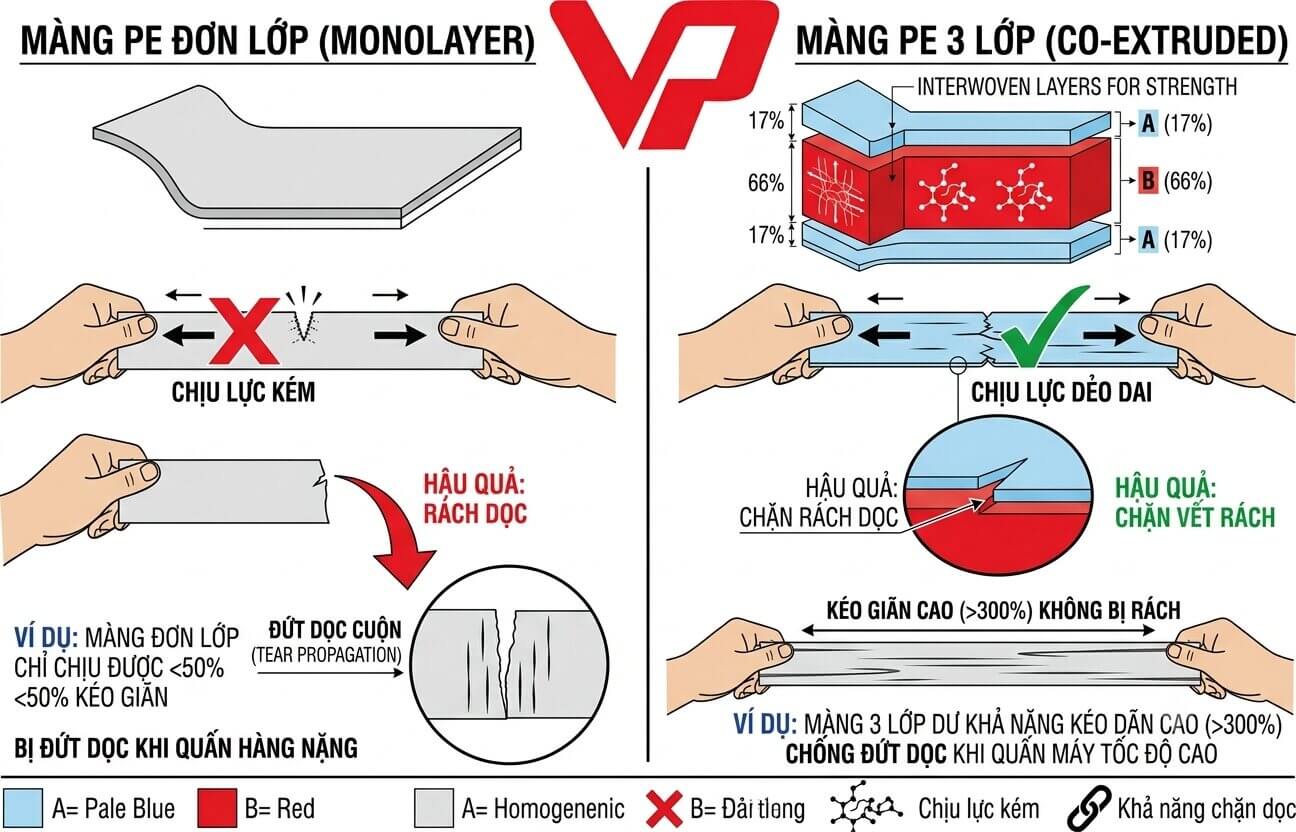 So sánh khả năng chịu lực và chống rách của màng PE đơn lớp và màng PE 3 lớp Vạn Phát