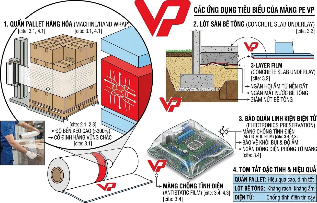 Infographic các ứng dụng tiêu biểu của màng PE Vạn Phát: quấn pallet, lót sàn bê tông và bảo quản linh kiện