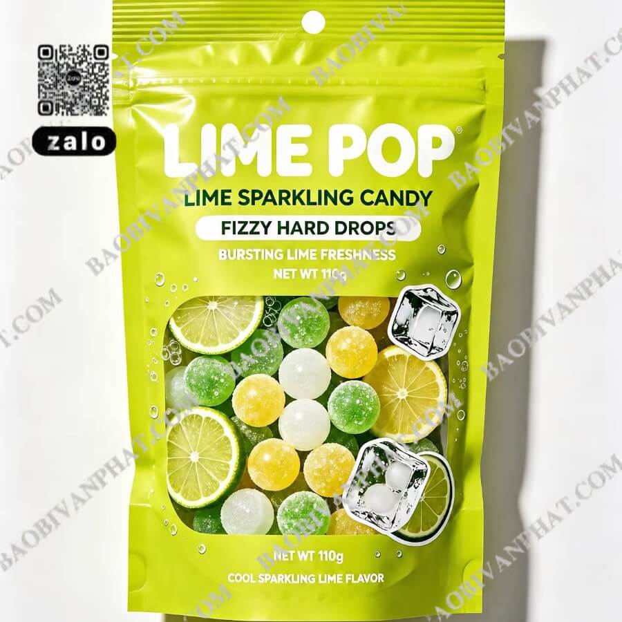 Bao bì bánh kẹo với gam xanh lime nổi bật và hình ảnh kẹo chanh