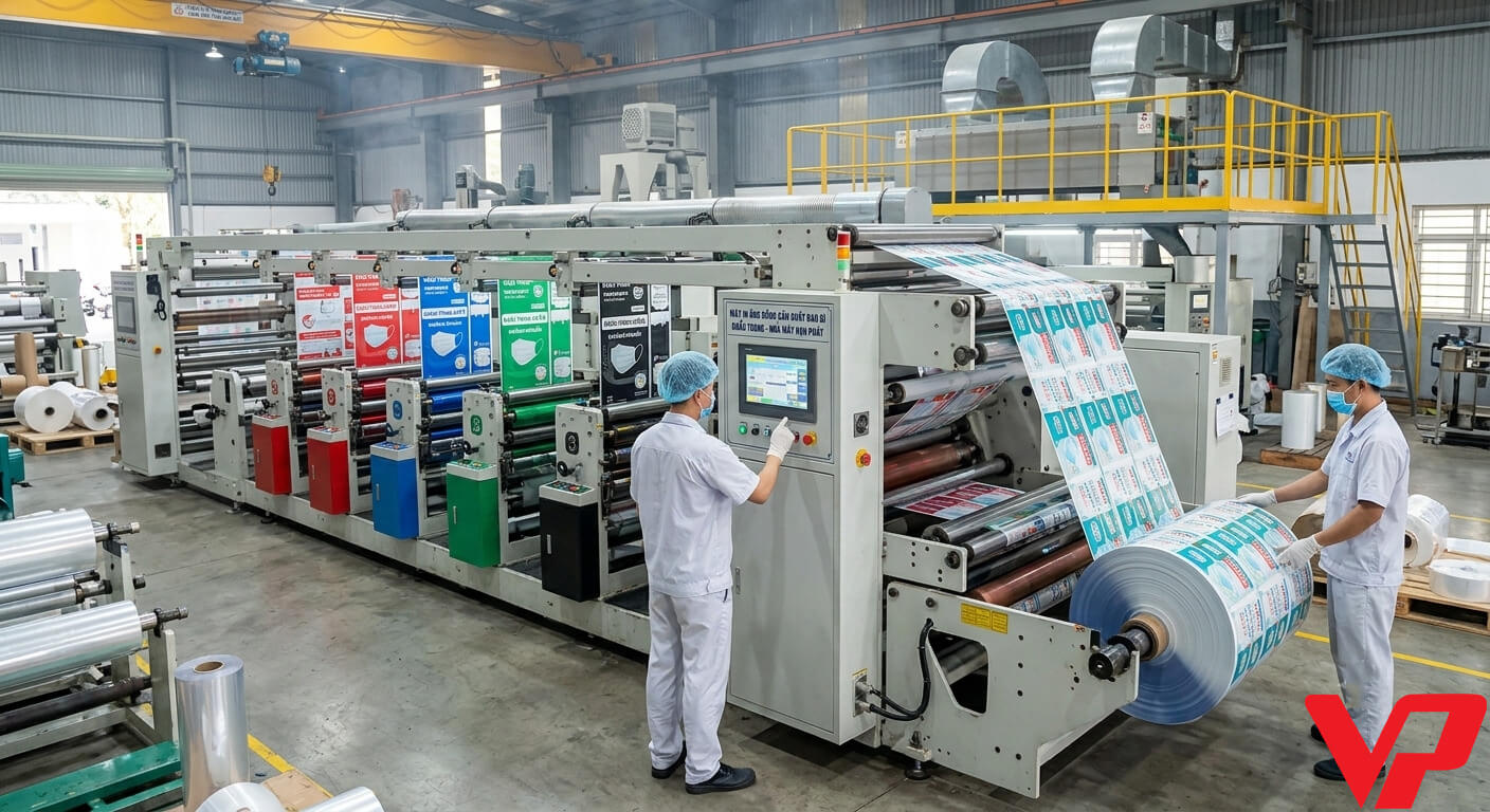 Máy in ống đồng sản xuất bao bì khẩu trang tại nhà máy Vạn Phát