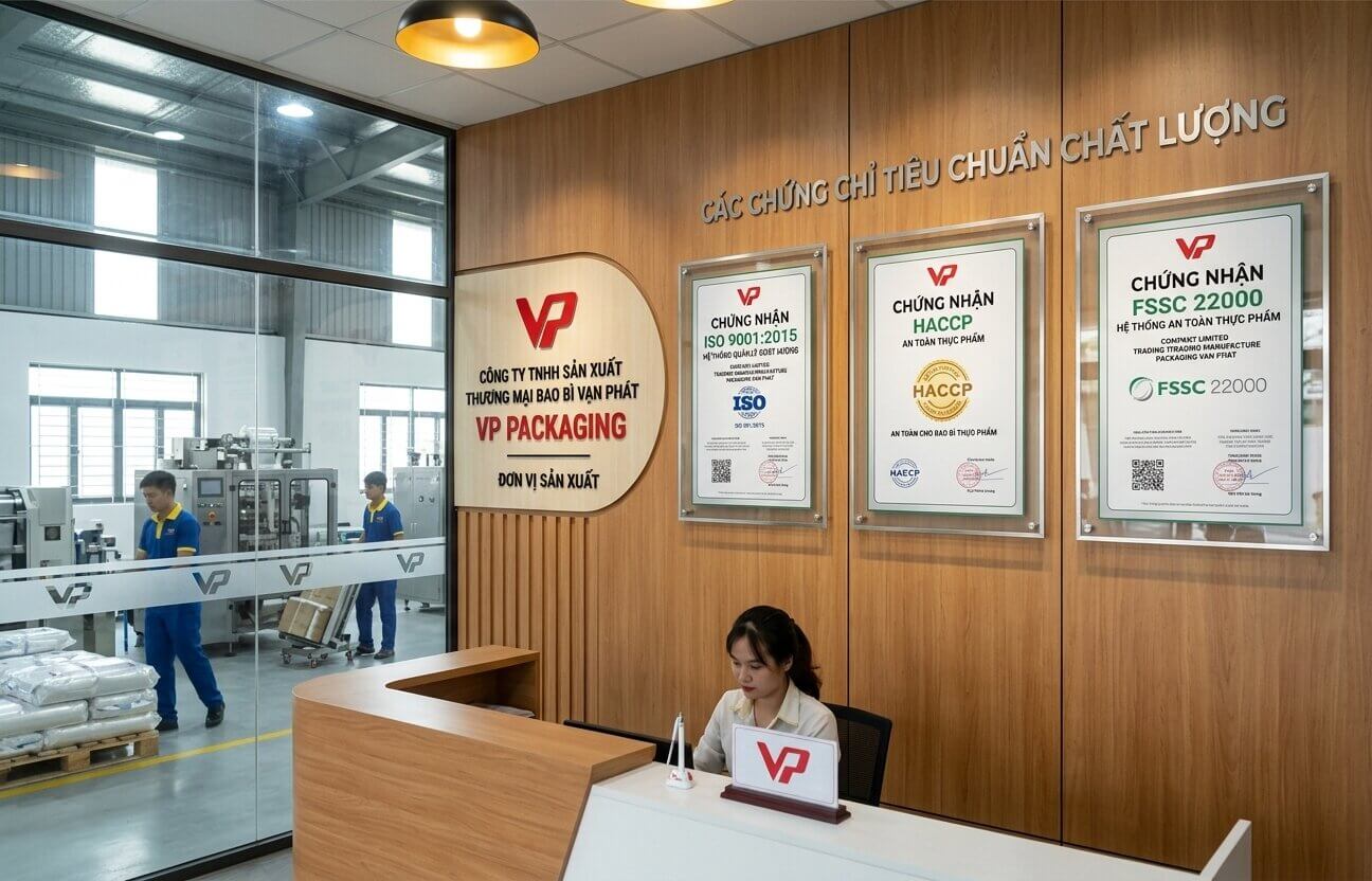 Văn phòng khang trang của Công ty TNHH Sản xuất Thương mại Bao bì Vạn Phát treo trang trọng các chứng nhận tiêu chuẩn chất lượng ISO 9001, HACCP và FSSC 22000.