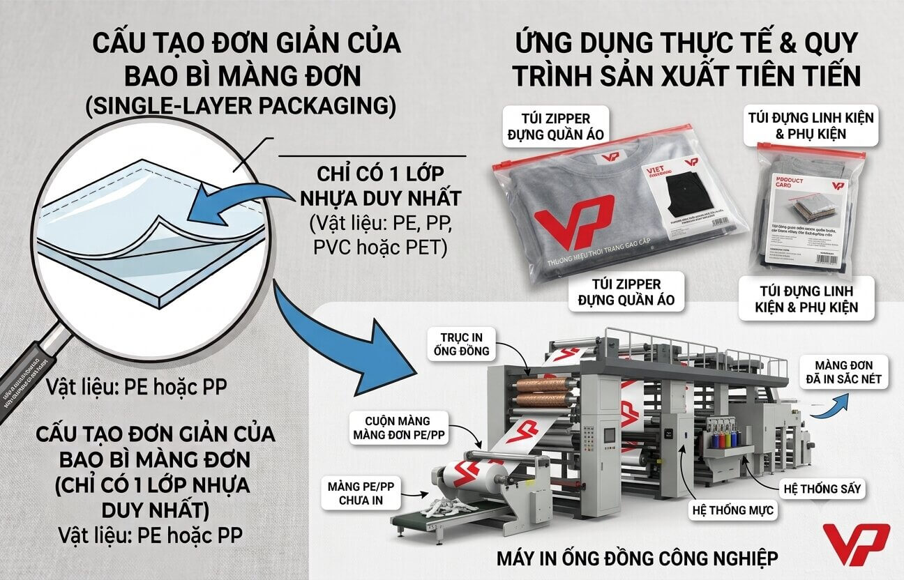 Sơ đồ cấu tạo đơn giản của bao bì màng đơn và mô phỏng hệ thống máy in ống đồng công nghiệp hiện đại đang vận hành in cuộn màng nhựa PE/PP.