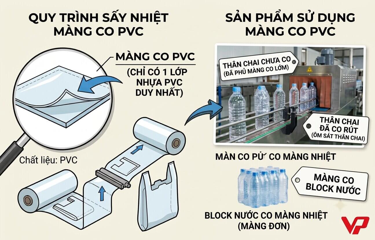 Sơ đồ infographic quy trình thu gom, phân loại màng PE/PP đồng nhất tại nguồn và đưa vào dây chuyền băm rửa, ép đùn để tái chế thành hạt nhựa PCR.