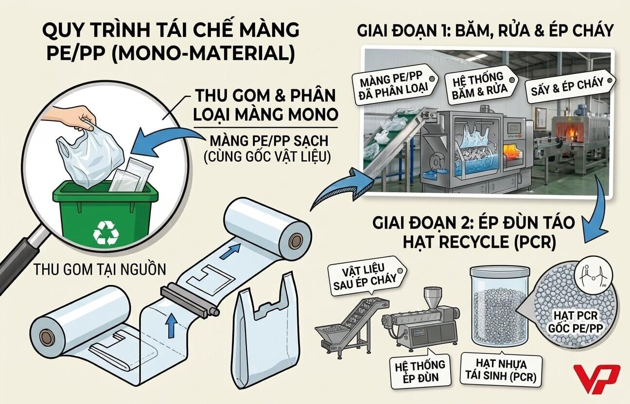 Sơ đồ infographic quy trình thu gom, phân loại màng PE/PP đồng nhất tại nguồn và đưa vào dây chuyền băm rửa, ép đùn để tái chế thành hạt nhựa PCR.
