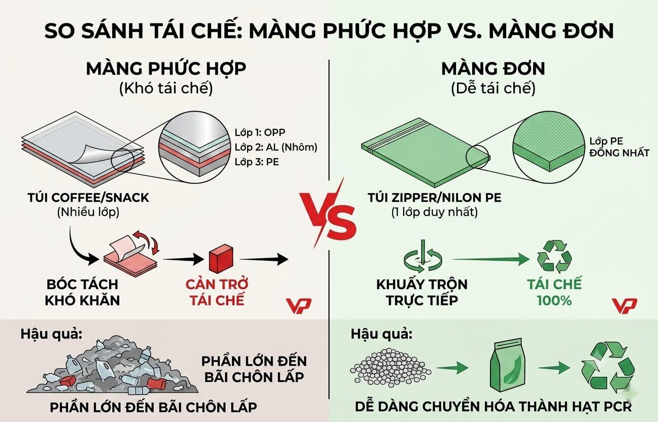Bản vẽ infographic so sánh quy trình tái chế giữa màng phức hợp nhiều lớp khó phân tách với bao bì màng đơn PE đồng nhất dễ dàng tái chế 100%.