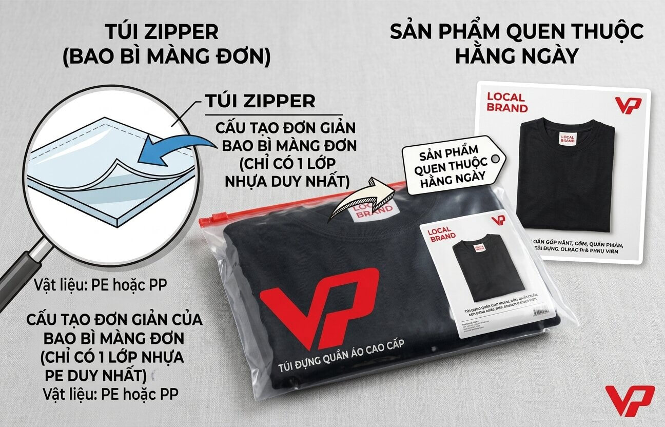 Sản phẩm túi zipper khóa kéo bằng chất liệu PE màng đơn cao cấp chuyên dùng đóng gói áo thun Local Brand, in logo VP sắc nét.