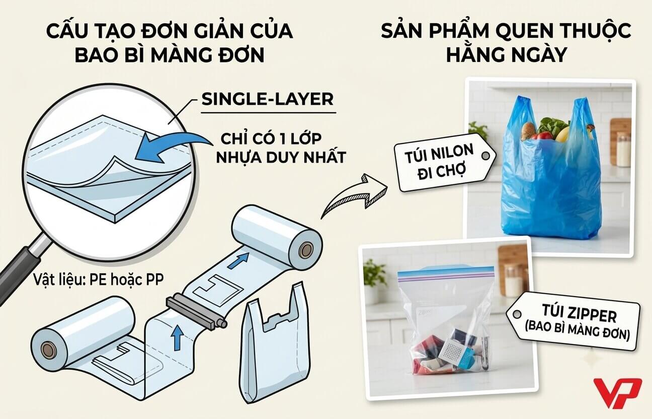 Sơ đồ infographic giới thiệu cấu tạo màng đơn một lớp nhựa duy nhất và ứng dụng thực tế của túi zipper đựng vật dụng gia đình trong suốt tiện lợi.