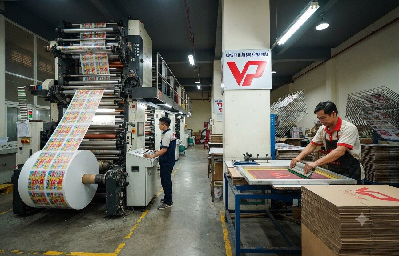 Máy in trục đồng và in lụa hiện đại tại xưởng Vạn Phát