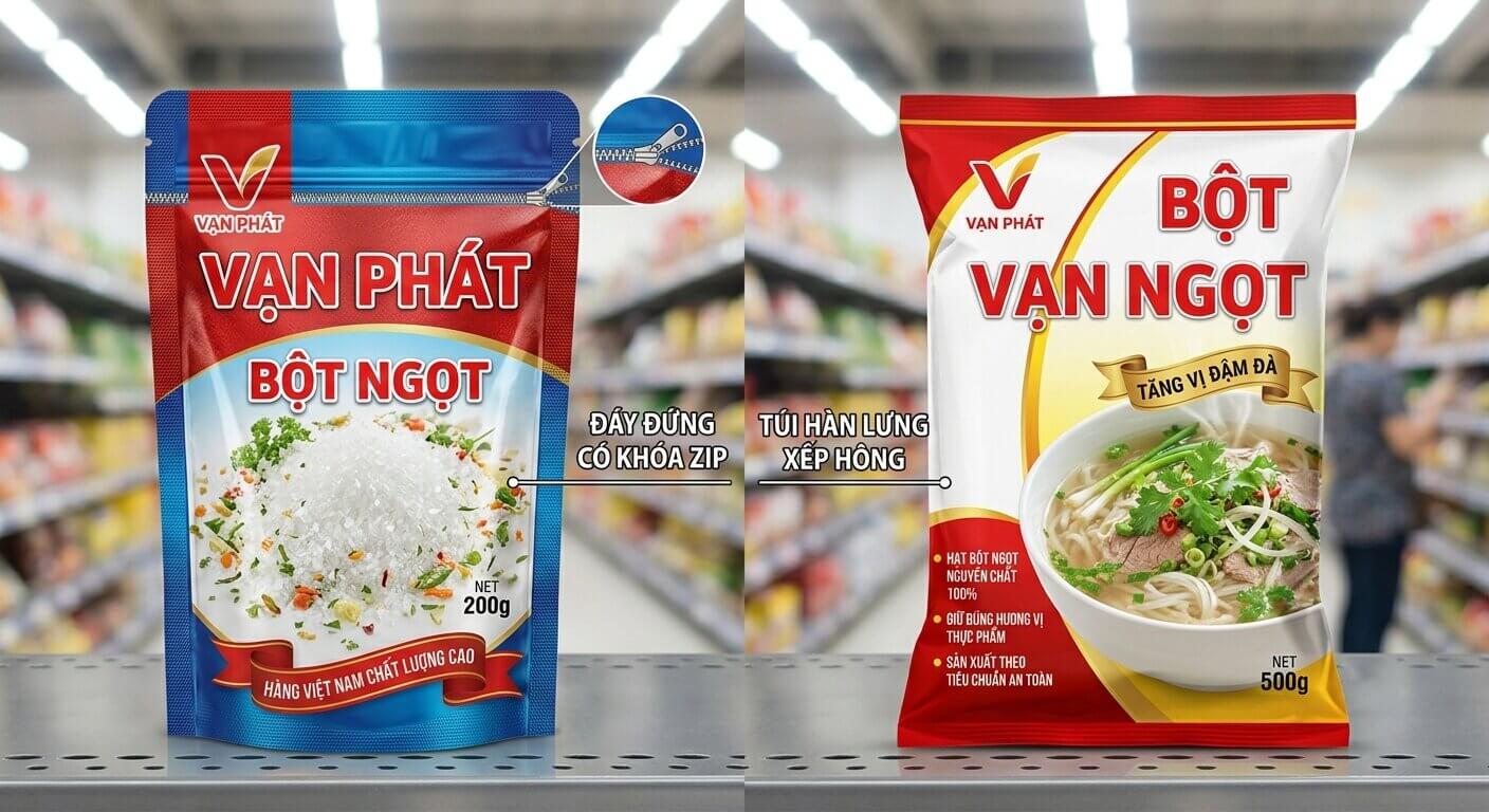 Hai loại túi đựng bột ngọt Vạn Phát phổ biến: túi đáy đứng có khóa zip và túi hàn lưng xếp hông.