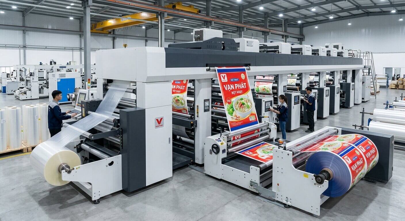 Dây chuyền sản xuất bao bì màng ghép phức hợp đang hoạt động, in ấn bao bì bột ngọt Vạn Phát.