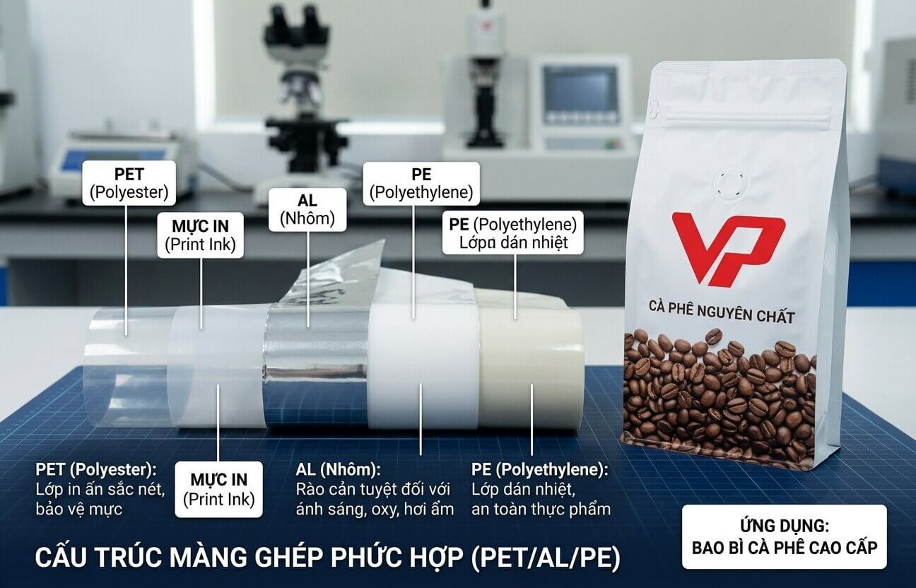 Bảng phân tích cấu trúc màng ghép phức hợp 3 lớp (PET/AL/PE) và túi cà phê nguyên chất thành phẩm tương ứng.