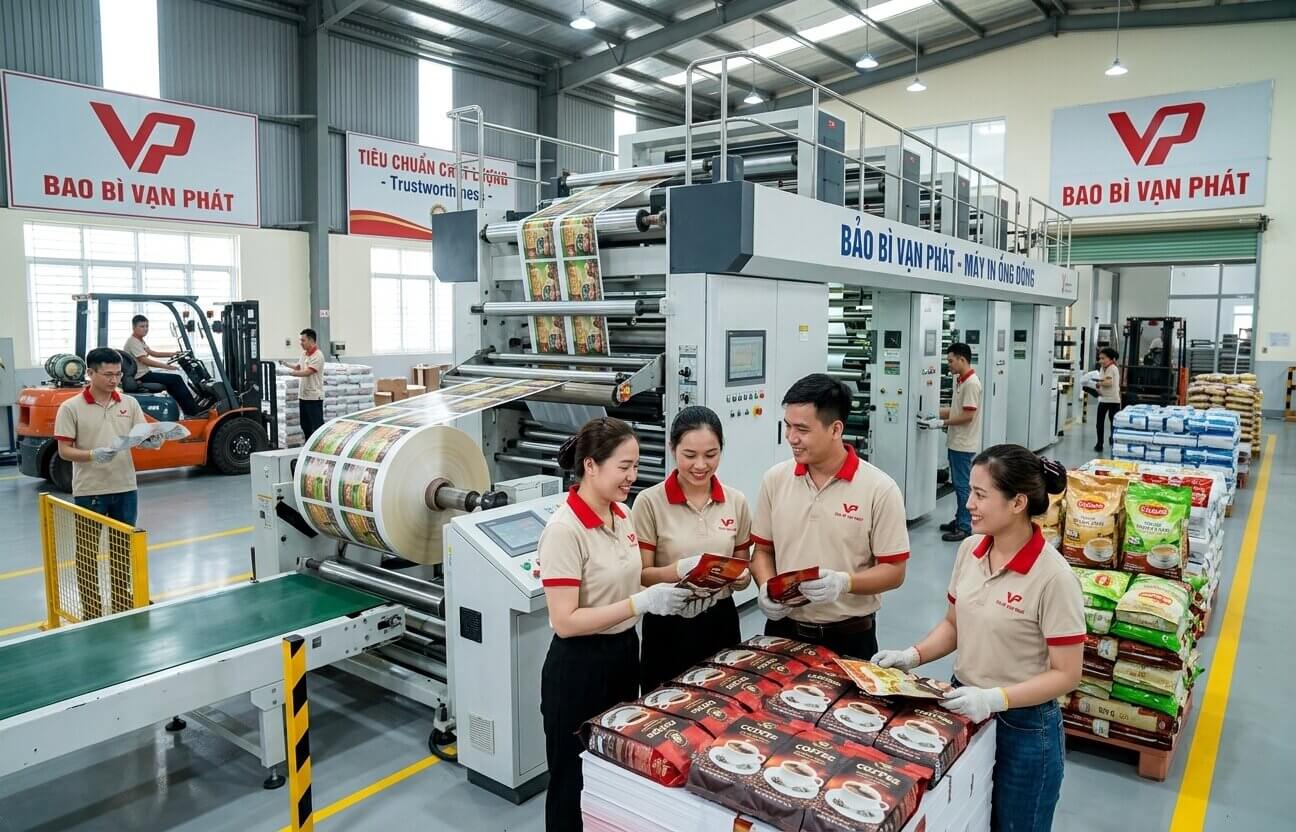 Nhóm nhân viên mặc đồng phục Bao Bì Vạn Phát đang kiểm tra chất lượng các túi cà phê thành phẩm ngay tại xưởng sản xuất.