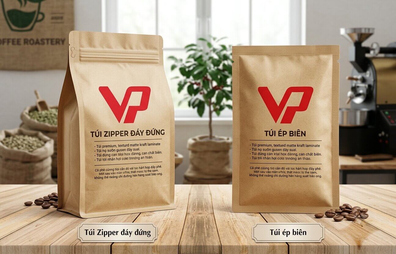 Hình ảnh thực tế túi cà phê Zipper đáy đứng và túi ép biên làm bằng chất liệu Kraft thương hiệu Vạn Phát
