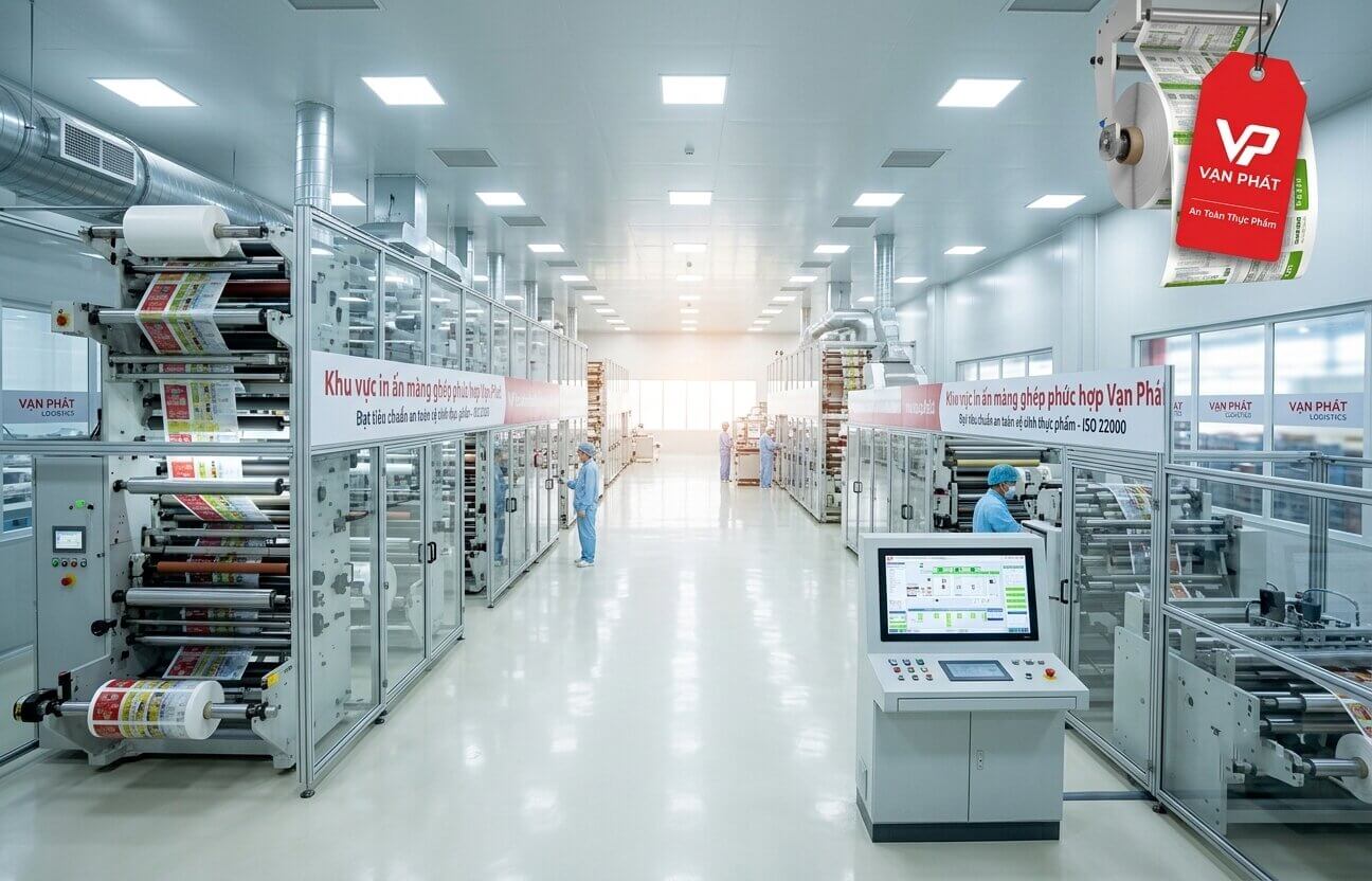 Một bức ảnh góc rộng bên trong nhà xưởng in ấn bao bì màng ghép phức hợp Vạn Phát, hiển thị các máy in lớn, cuộn màng và nhân viên làm việc trong môi trường sạch sẽ.