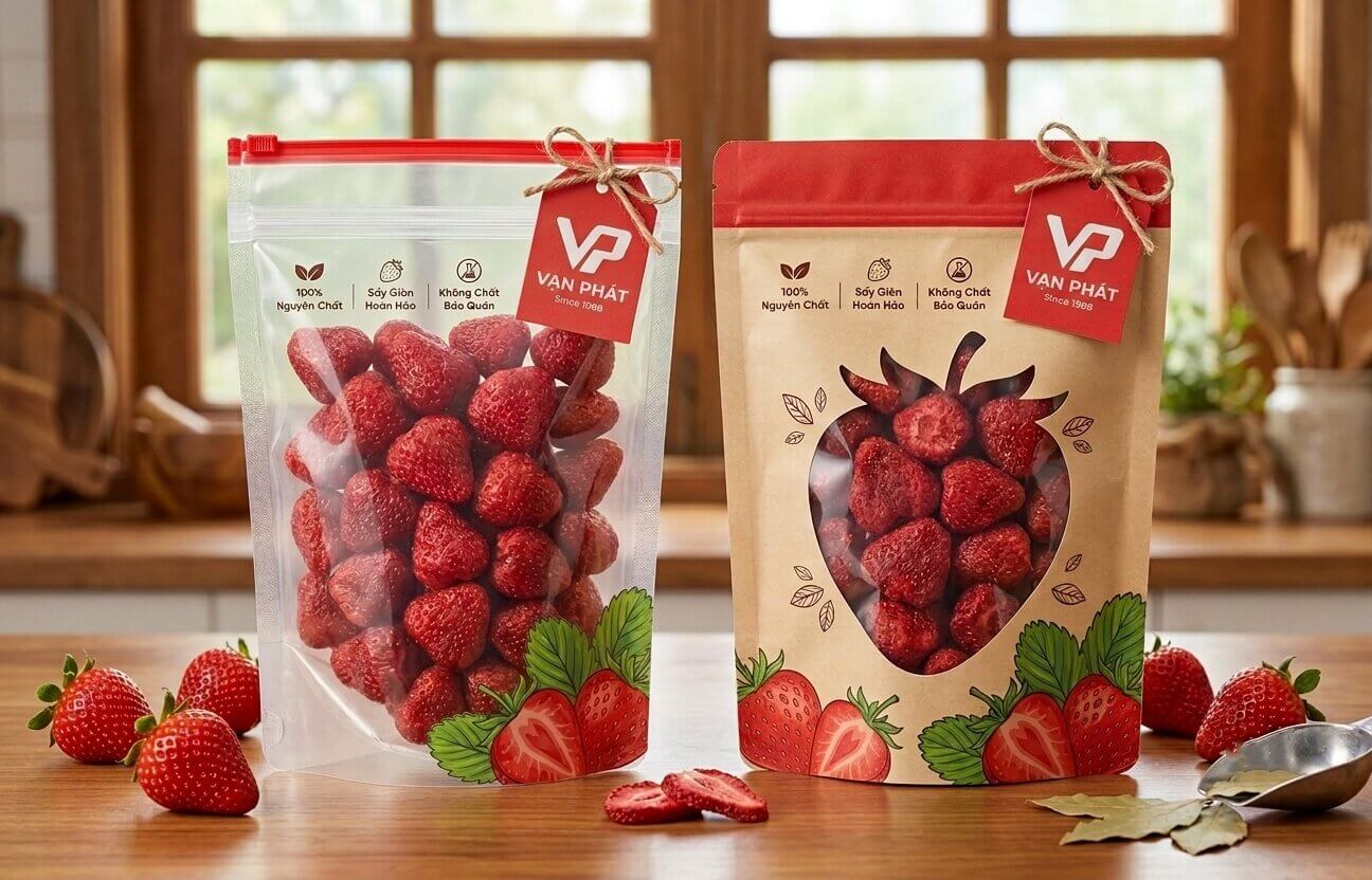 Hai túi zipper đựng dâu sấy đặt cạnh nhau trên bàn bếp, một túi nhựa trong hiển thị dâu sấy nguyên chất và một túi Kraft có cửa sổ, được trang trí bằng dâu tươi và dâu khô.