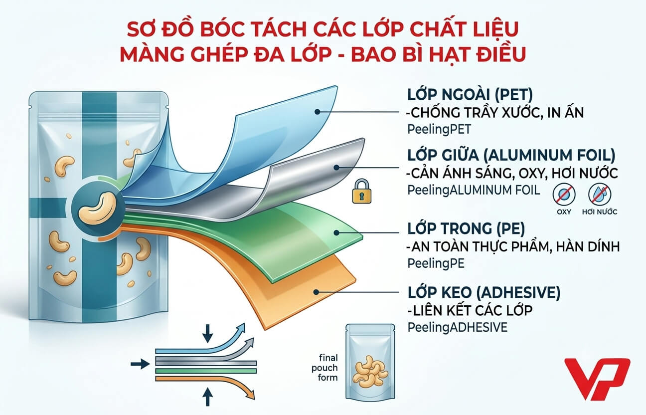 Sơ đồ cấu trúc cấu tạo màng ghép đa lớp PET Aluminum Foil và PE cho bao bì hạt điều