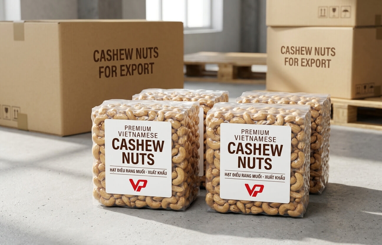 Các khối hạt điều hút chân không và thùng carton đóng gói xuất khẩu
