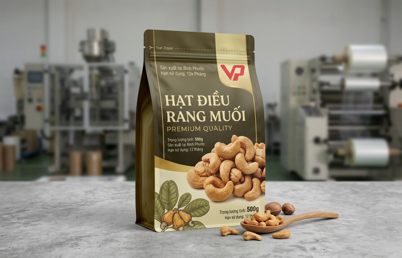 Phối cảnh mockup 3D túi hạt điều rang muối cao cấp đặt tại nhà xưởng