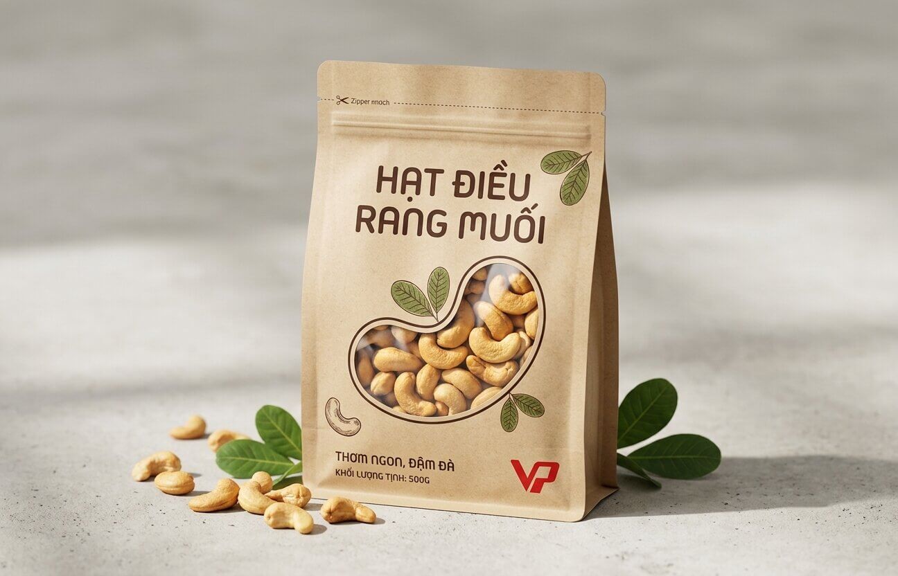 Mẫu túi giấy kraft đựng hạt điều rang muối có cửa sổ trong suốt độc đáo