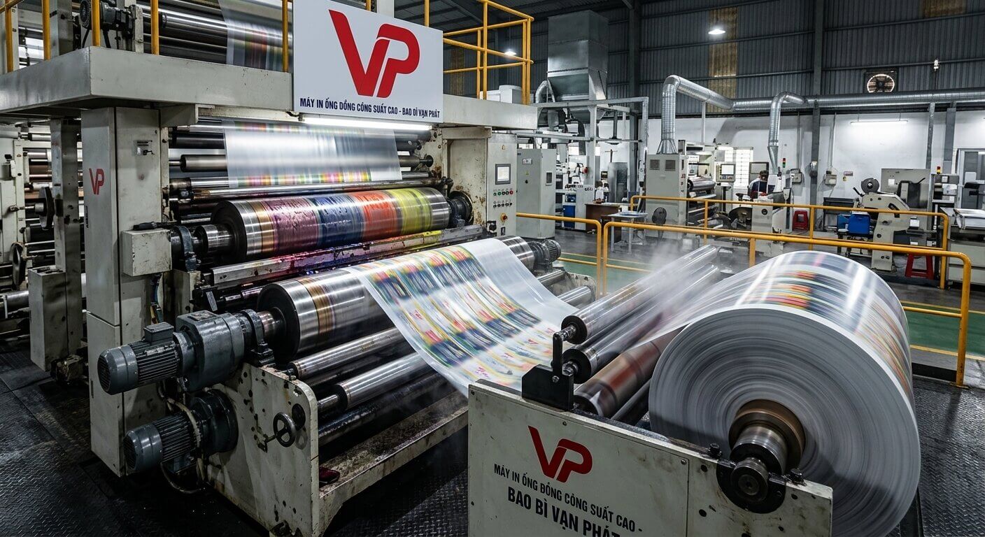 Cận cảnh một máy in ống đồng công suất lớn của Bao bì Vạn Phát đang hoạt động, với các trục in và màng nhựa đang được cuộn qua.