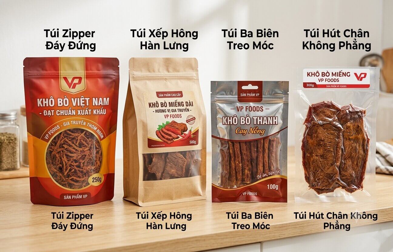 4 dòng túi khô bò tương ứng với các kiểu dáng zipper đáy đứng, xếp hông hàn lưng, ba biên treo móc và túi hút chân không phẳng
