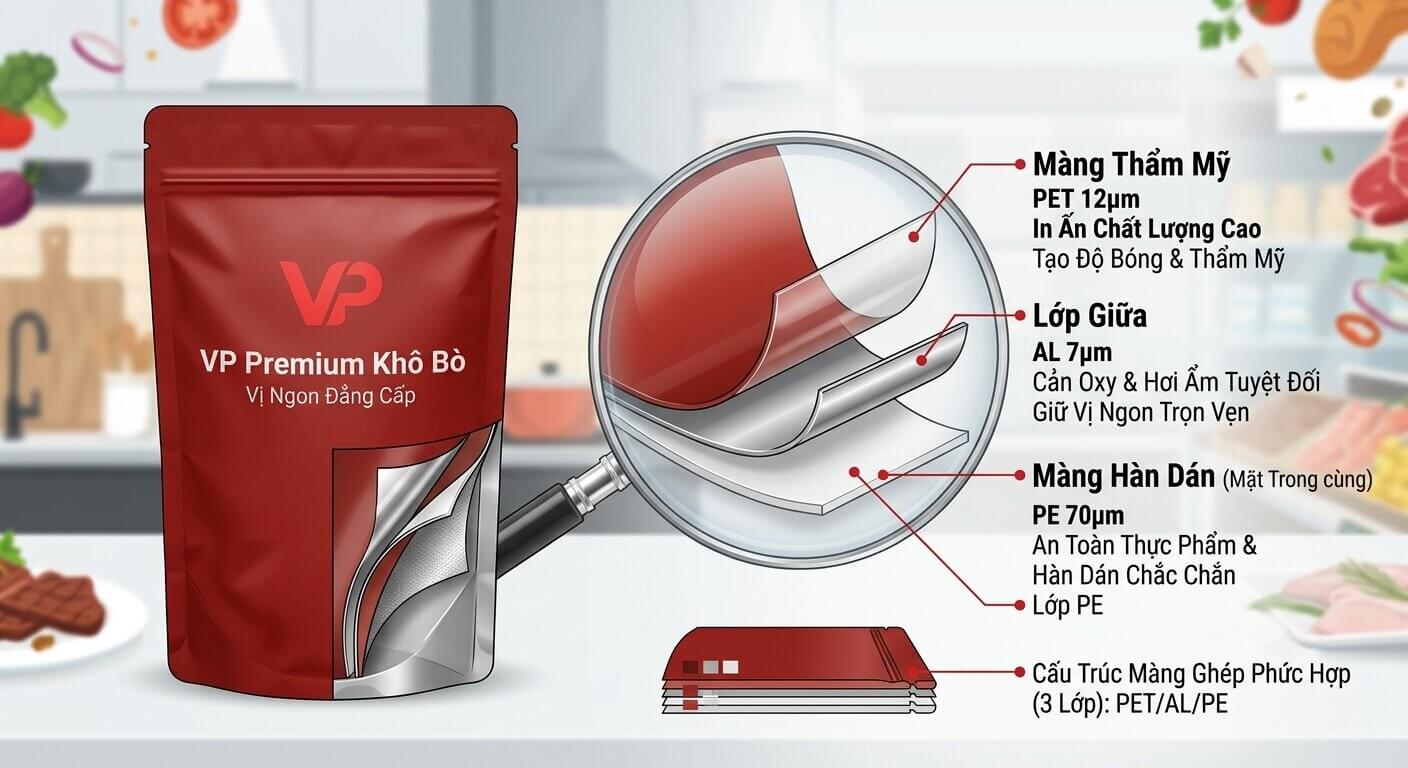 Sơ đồ mô tả chi tiết cấu trúc màng ghép phức hợp 3 lớp PET AL PE bảo quản khô bò tối ưu