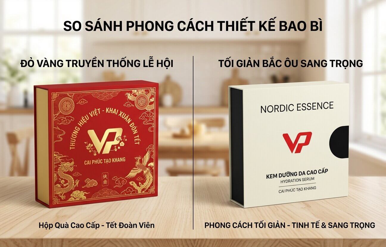 So sánh trực quan hai phong cách thiết kế bao bì hộp quà Tết đỏ vàng truyền thống và phong cách tối giản Bắc Âu