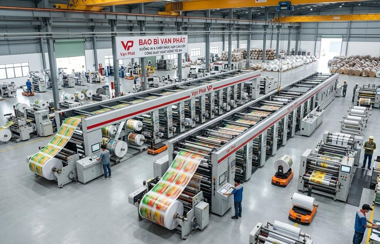 Quy mô nhà xưởng sản xuất và in ấn bao bì màng ghép phức hợp hiện đại công suất lớn của Bao Bì Vạn Phát