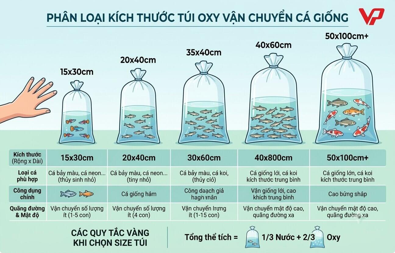 Minh họa 5 kích thước túi oxy vận chuyển cá giống khác nhau từ nhỏ đến lớn, kèm theo thông số kỹ thuật và hướng dẫn sử dụng.