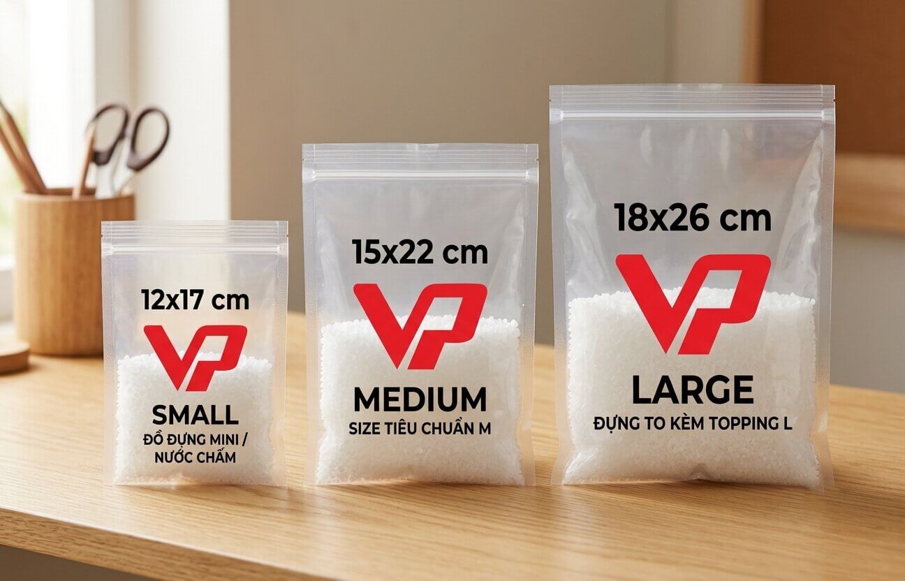 Ba kích thước túi zipper đáy đứng thông dụng Vạn Phát: Small, Medium, Large.
