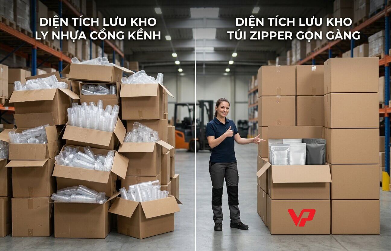 so sánh diện tích lưu kho giữa ly nhựa cồng kềnh và túi zipper gọn gàng tại kho hàng Bao Bì Vạn Phát.