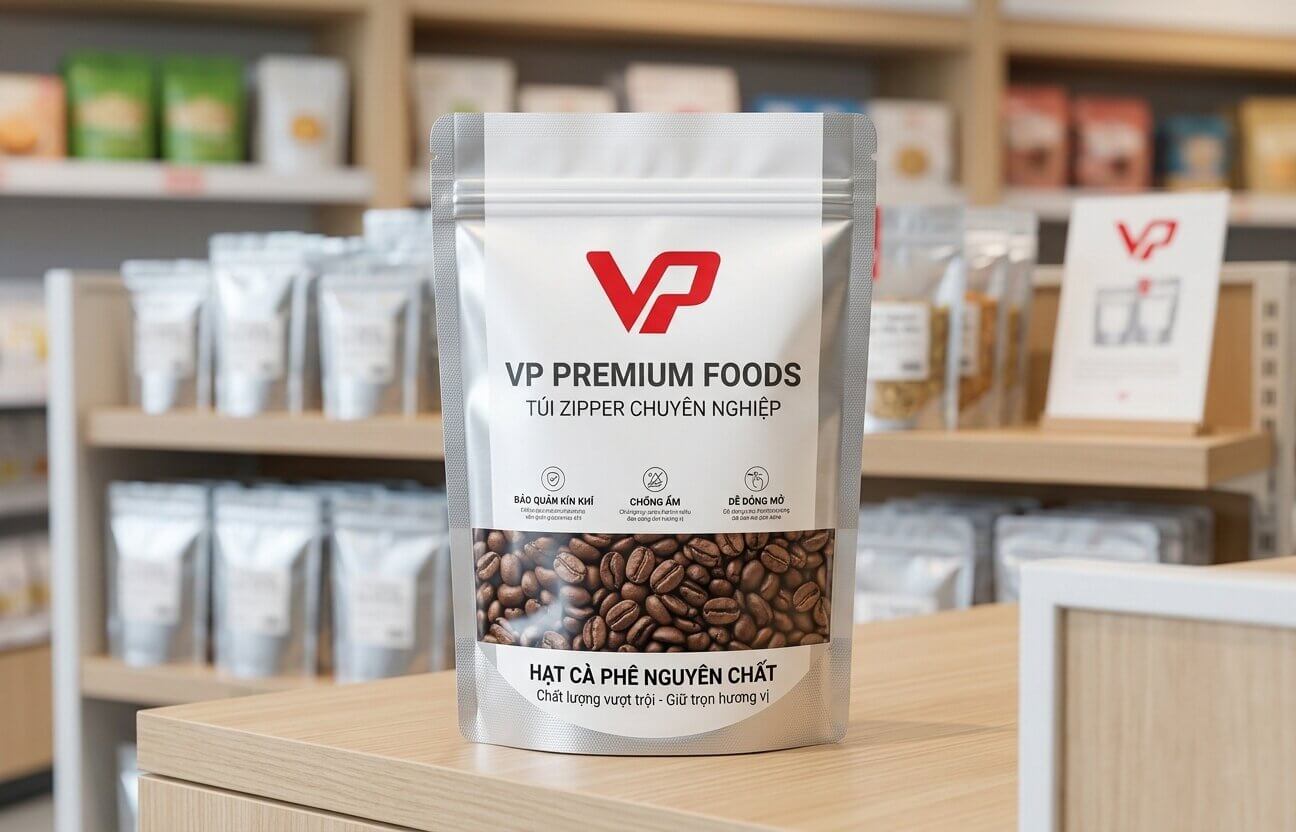 Túi zipper cao cấp VP PREMIUM FOODS đựng hạt cà phê trên kệ trưng bày.