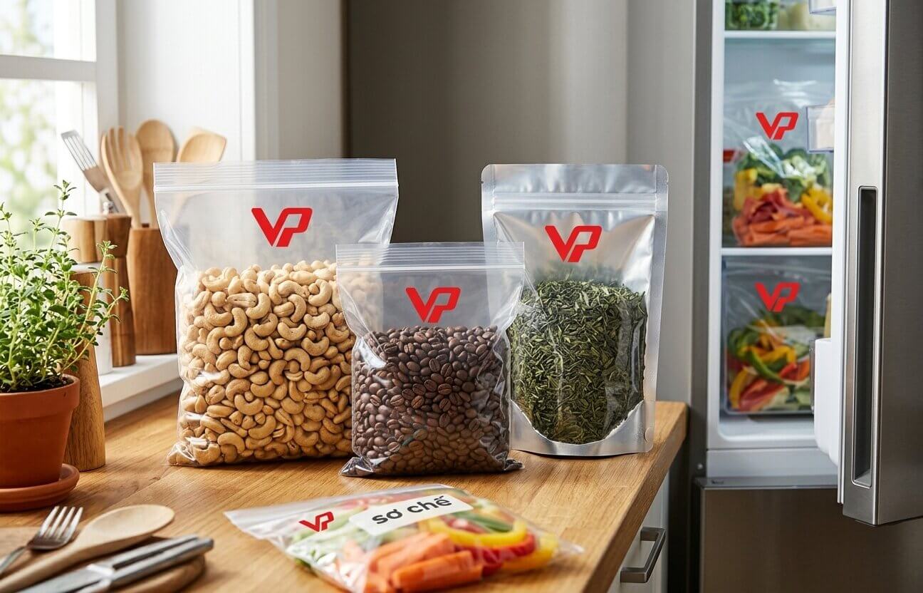 Các loại túi zipper VP đựng thực phẩm khô và sơ chế trên bàn bếp và trong tủ lạnh.